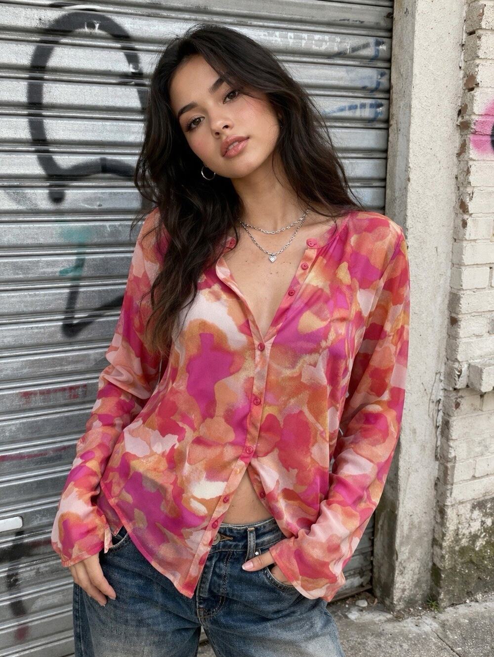 Lori Goldstein LOGO Top Pink Orange Abstract Long Sleeve Button Shirt Sheer XL